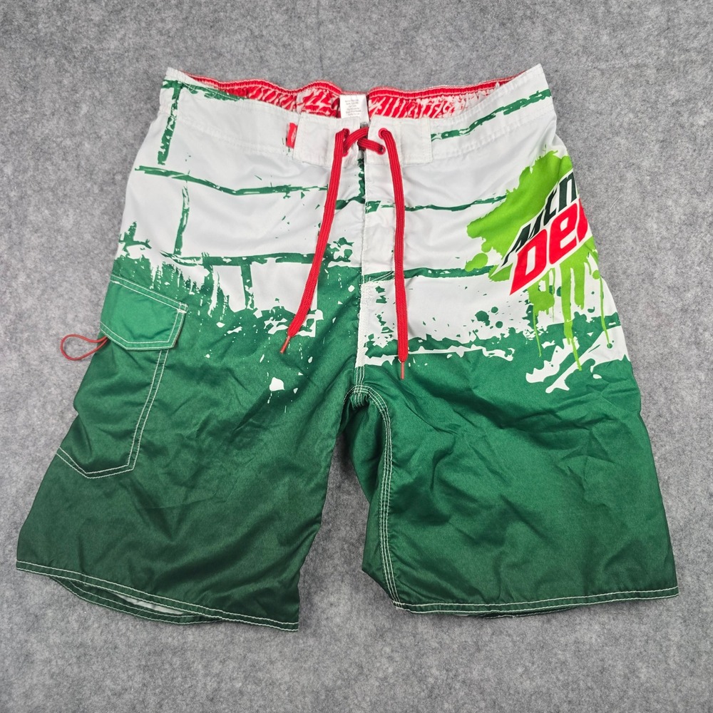Mountain Dew Board Shorts Mens Size 38 Green White Swim Trunks Cargo Pocket Poly